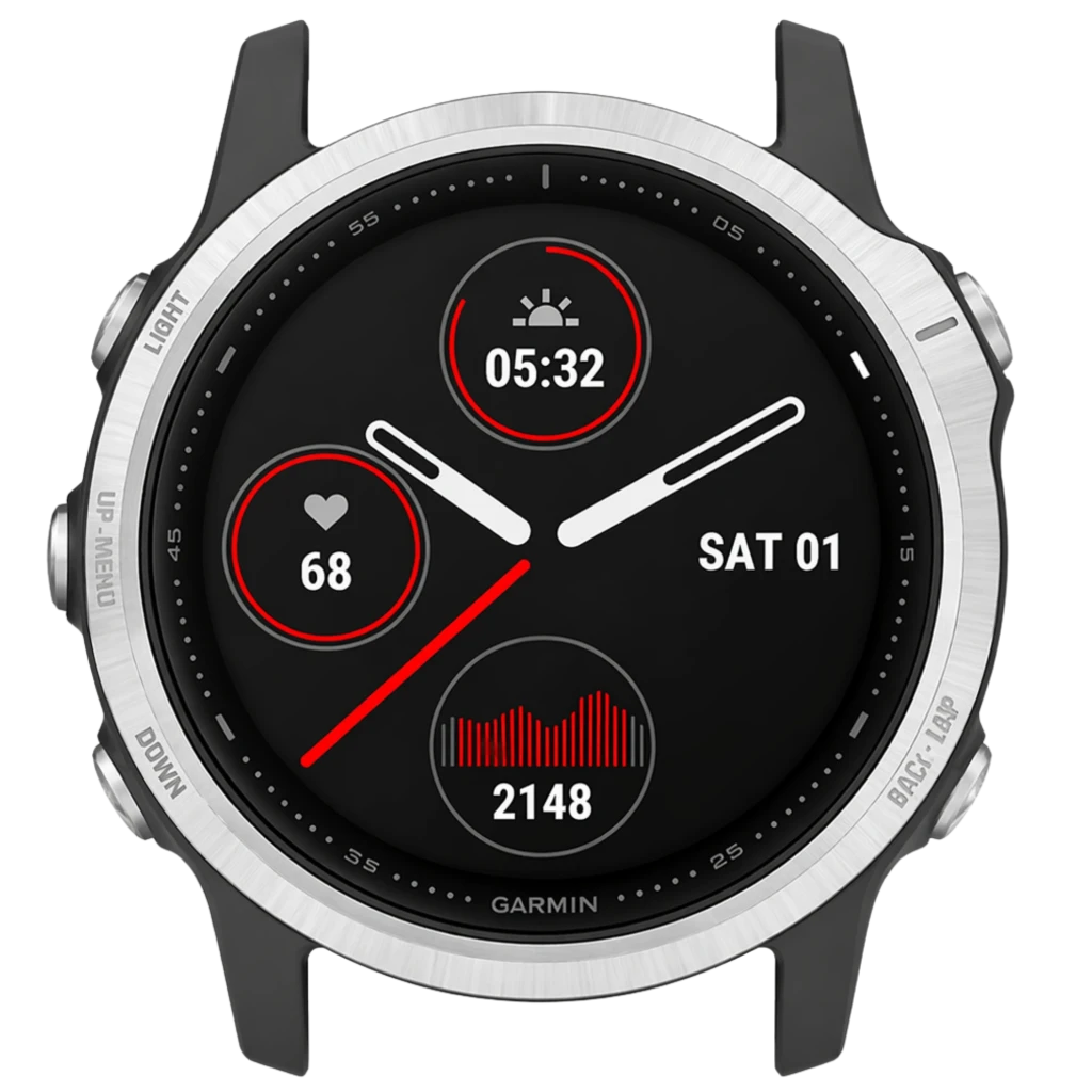 Garmin Fenix 6S Pro Plata Negro 42 mm con bisel plateado, caja negra y pantalla circular con métricas de ritmo cardíaco, pasos y energía en rojo y blanco