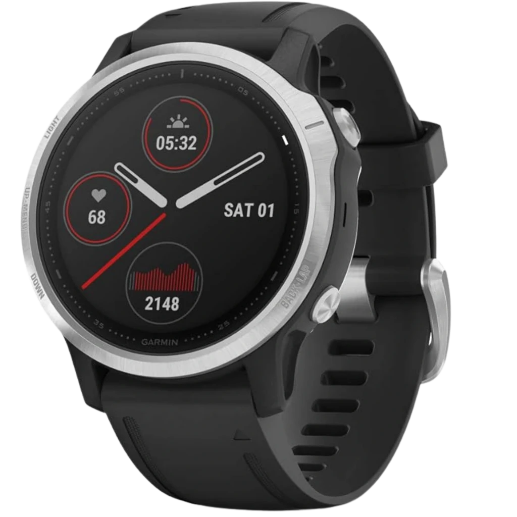 Garmin Fenix 6S Pro renovado premium, caja plateada 42 mm, bisel de acero, correa negra de silicona, pantalla circular con métricas de salud y actividad
