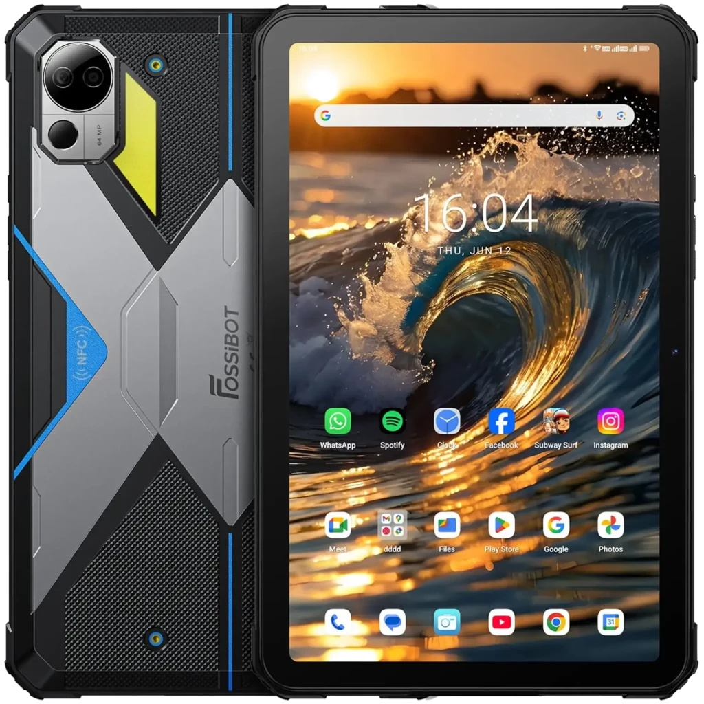 Tablet Fossibot DT3 azul rugerizada 10,4 pulgadas con bordes reforzados, doble cámara trasera con módulo hexagonal, pantalla con biseles gruesos y apps