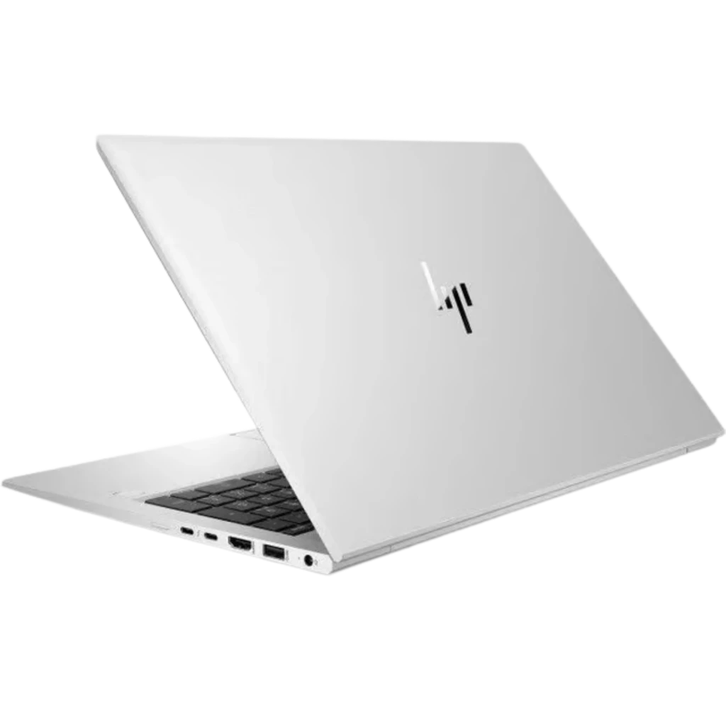 Portátil plateado ultradelgado HP con logo centrado, bisagra sólida y puertos laterales visibles; chasis metálico elegante de 15.6 pulgadas renovado en