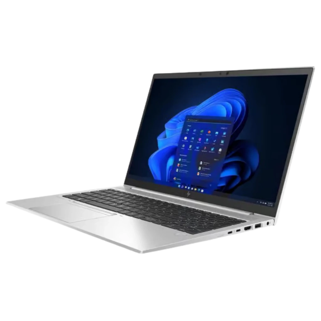 Portátil plateado HP EliteBook 850 G8 15.6 pulgadas, diseño delgado, teclado negro QWERTZ, pantalla con biseles finos y puertos laterales visibles