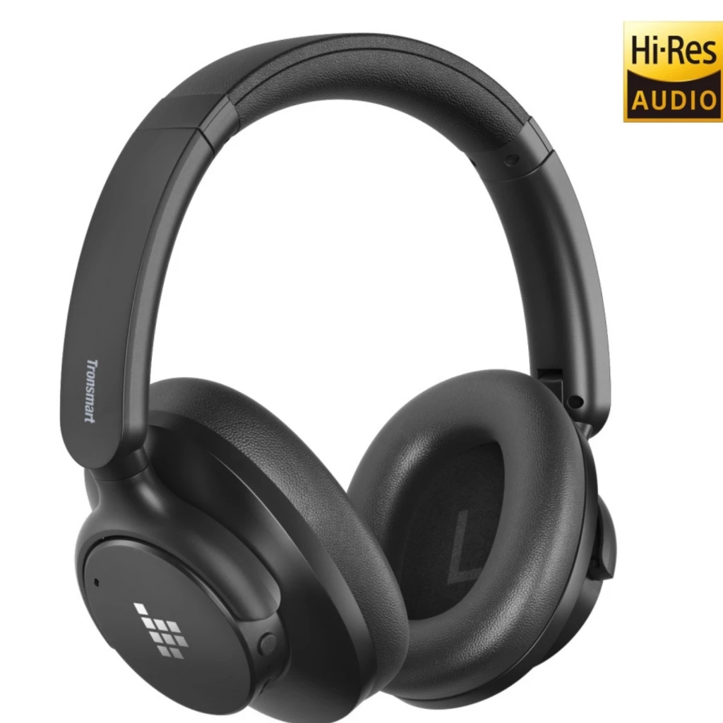 Tronsmart Q20S auscultadores over-ear pretos com almofadas grandes, logo na concha, indicação L interna, estrutura ajustável e selo Hi-Res Audio