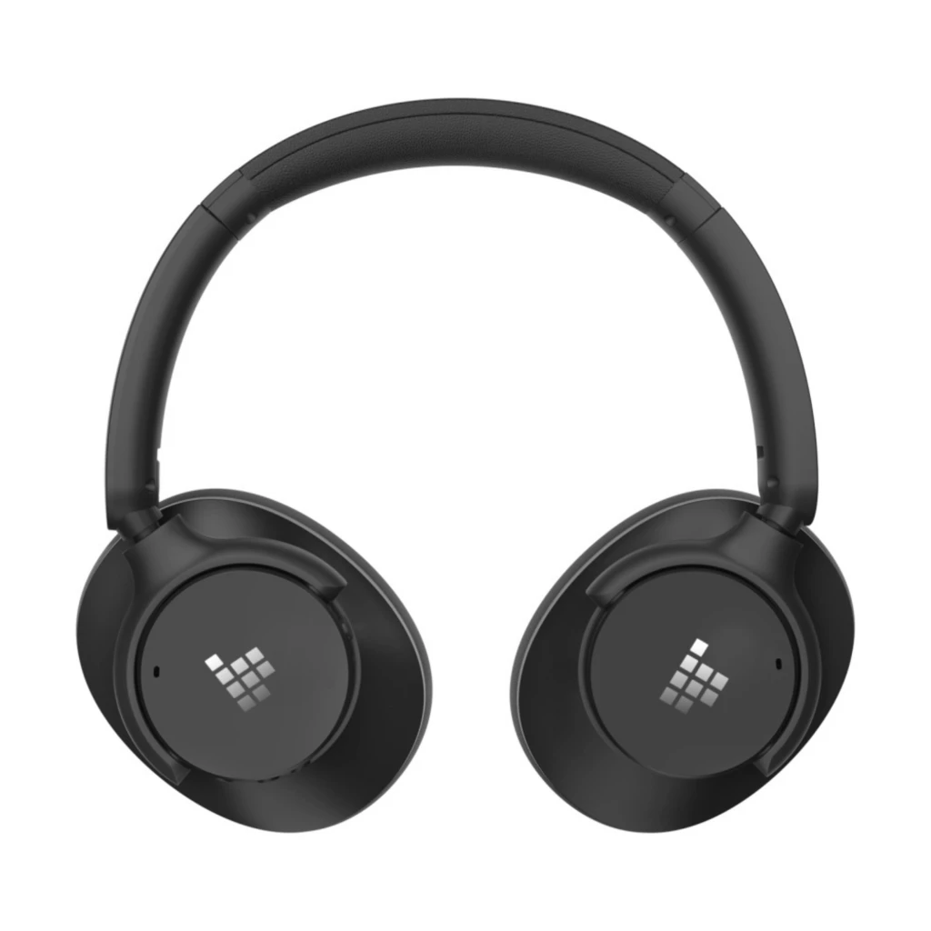 Tronsmart Q20S auscultadores over-ear pretos com conchas ovaladas, logótipo quadrícula prateado, acolchoamento na haste e almofadas macias, design dobrável