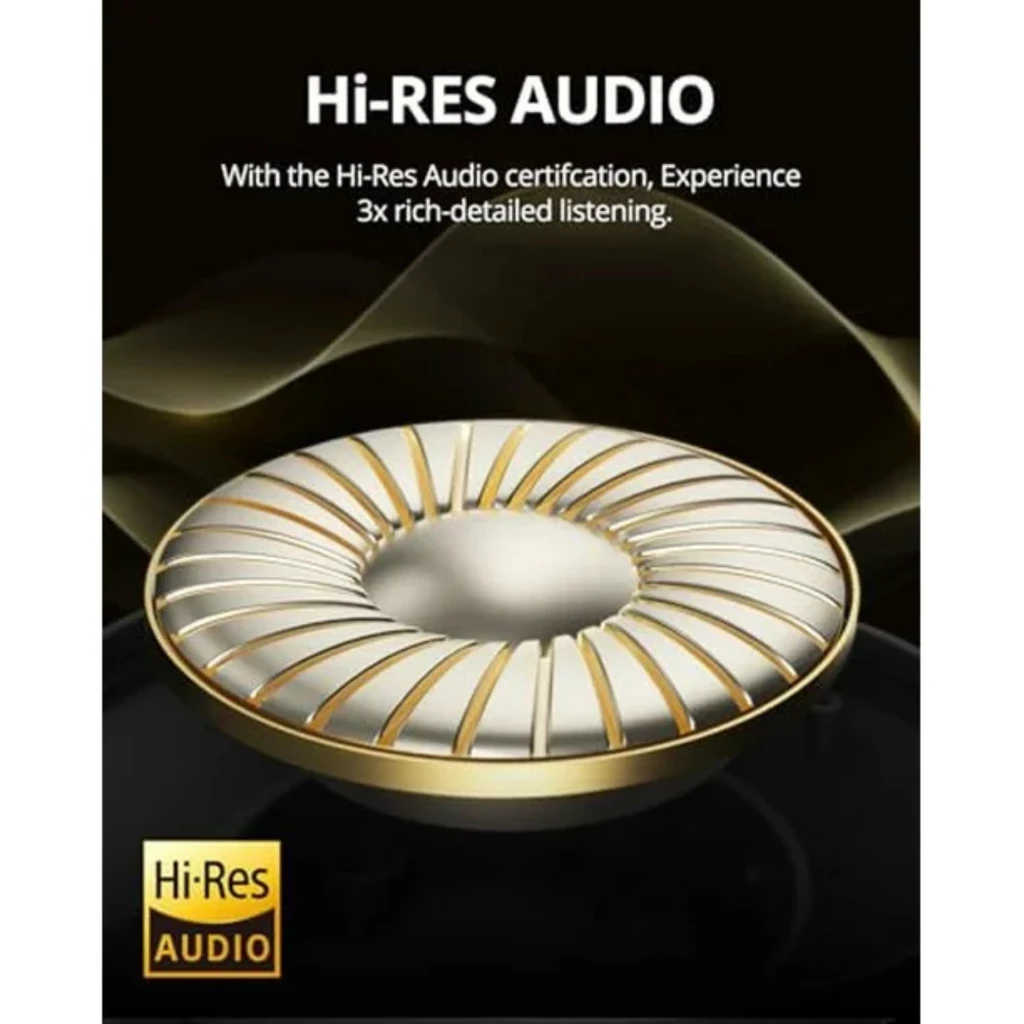 Tronsmart Q20S – driver circular dourado Hi‑Res Audio com grelhas metálicas finas e centro prateado, destaque para detalhes sonoros ricos e premium