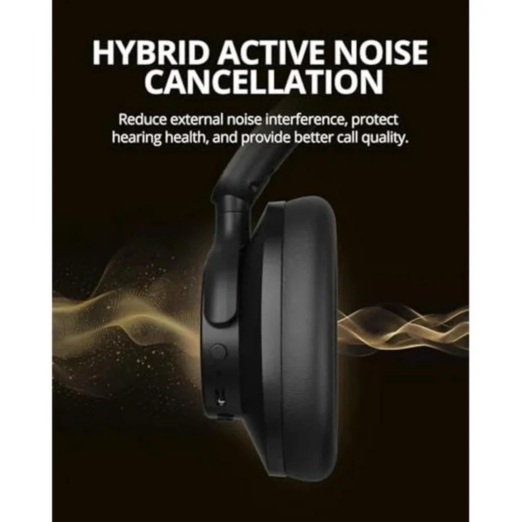 Tronsmart Q20S auscultadores sem fios pretos, design over-ear, almofadas largas e botão lateral visível, destaque para cancelamento de ruído híbrido