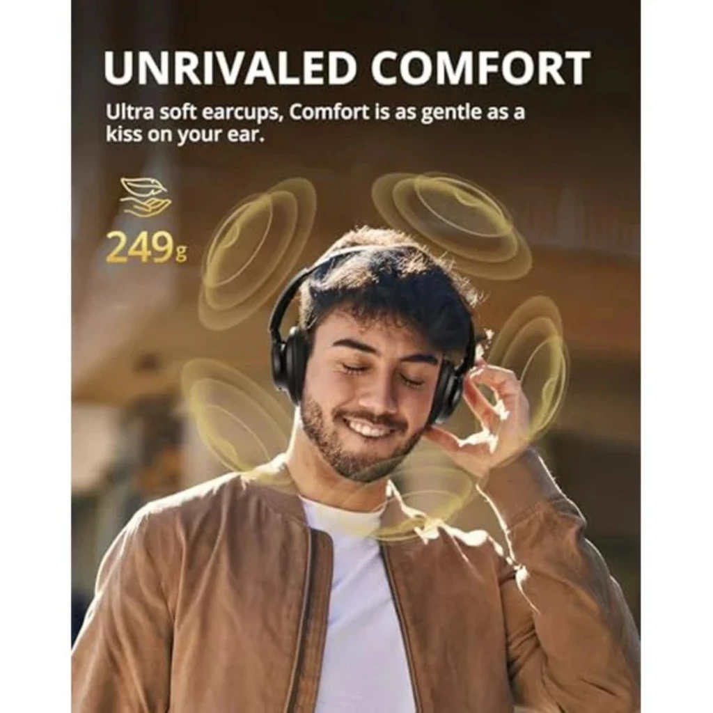 Tronsmart Q20S em preto, design over-ear acolchoado, mostrados leves com 249 g, foco em conforto e cancelamento de ruído, usuário sorrindo ao ar livre