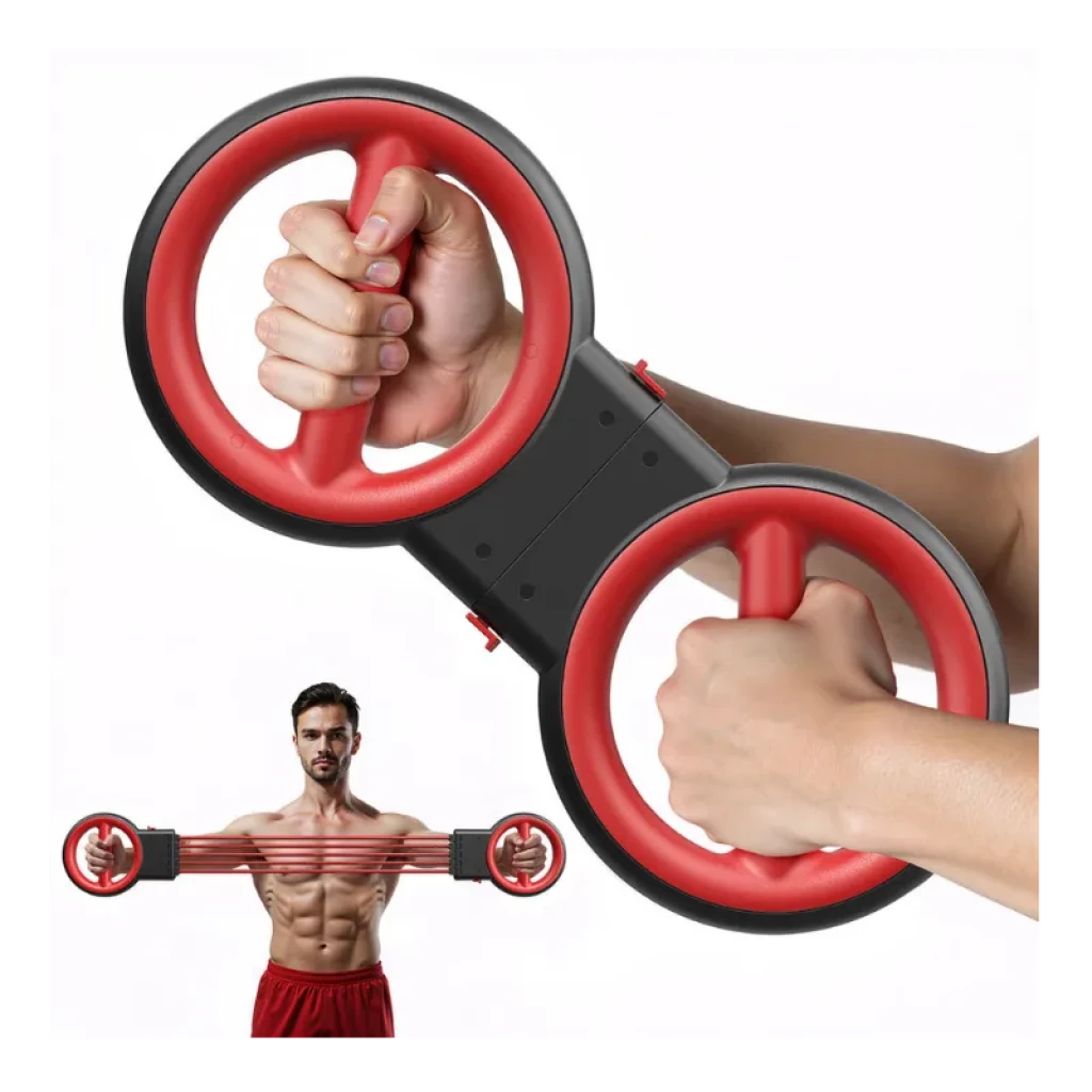 Akluer 3 en 1 Entrenador de Brazos y Pecho Ajustable con agarres circulares rojos dobles, resorte elástico y centro negro; ideal para fortalecer pectorales y