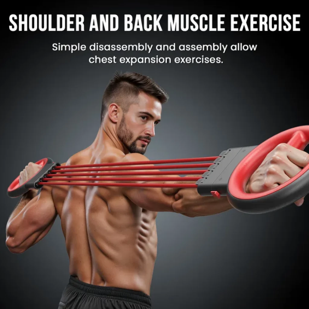 Akluer 3 en 1 Entrenador de Brazos y Pecho Ajustable con asas circulares, cinco bandas elásticas rojas y placa central; ideal para expansión de pecho y