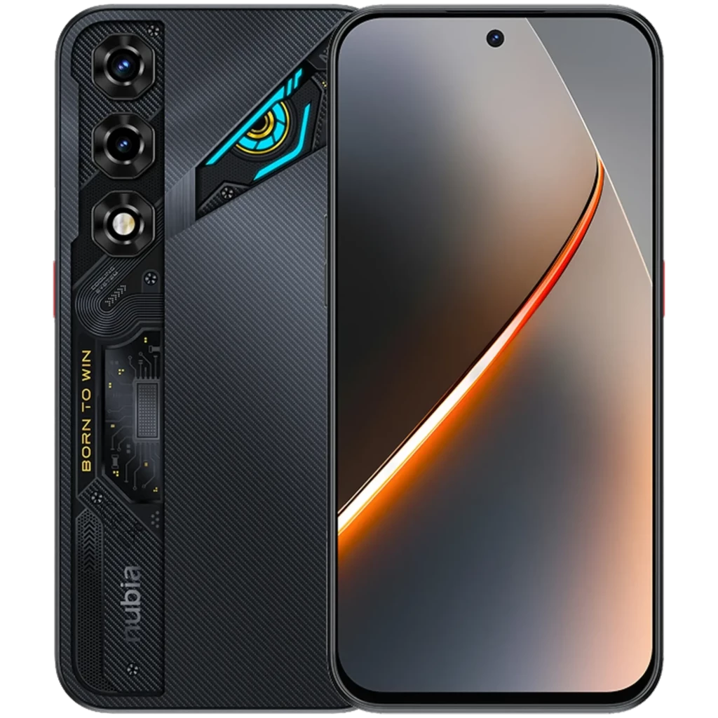 Nubia Neo 5 GT negro con diseño gamer: triple cámara trasera, detalles mecánicos iluminados, pantalla frontal con borde mínimo y perforación central