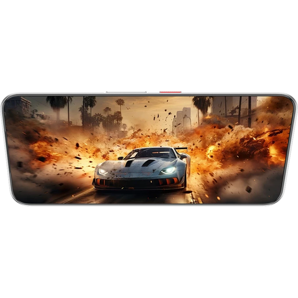 Pantalla del Nubia Neo 5 GT con marco delgado mostrando juego de carreras explosivo; colores vivos, alta nitidez y respuesta fluida ideal para gaming