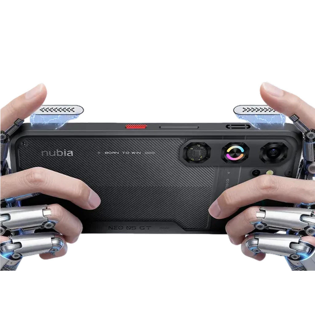 Nubia Neo 5 GT negro con diseño gamer, cámara trasera dual, ventilación lateral, detalles RGB y gatillos táctiles Neo 5.0 a 550 Hz para agarre ergonómico