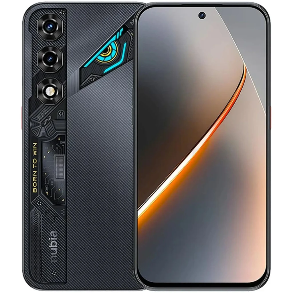 Nubia Neo 5 5G negro con pantalla perforada sin marcos, doble cámara trasera con módulo futurista y detalles LED, acabado texturizado y acentos naranjas
