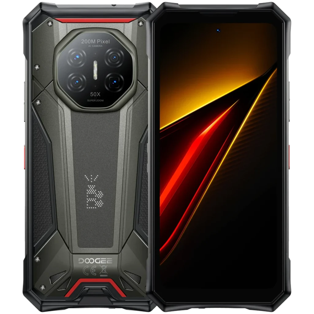 Doogee S300 Pro gris rugerizado con triple protección, módulo trasero octogonal, cámara 200 Mpx 50x, pantalla amplia, detalles rojos y textura metálica