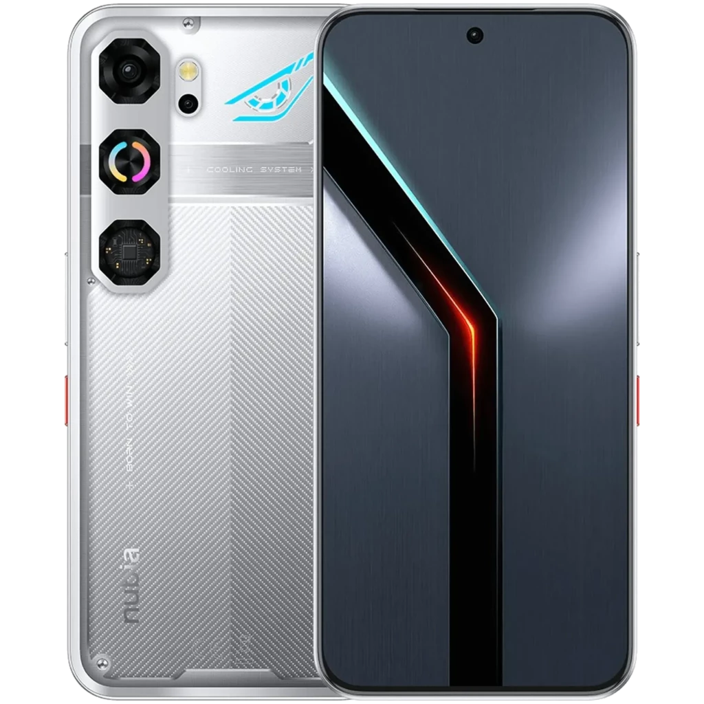 Nubia Neo 5 GT plata con diseño gaming, módulo de cámara triple hexagonal, logo iluminado, marco plateado y pantalla AMOLED 1.5K casi sin bordes