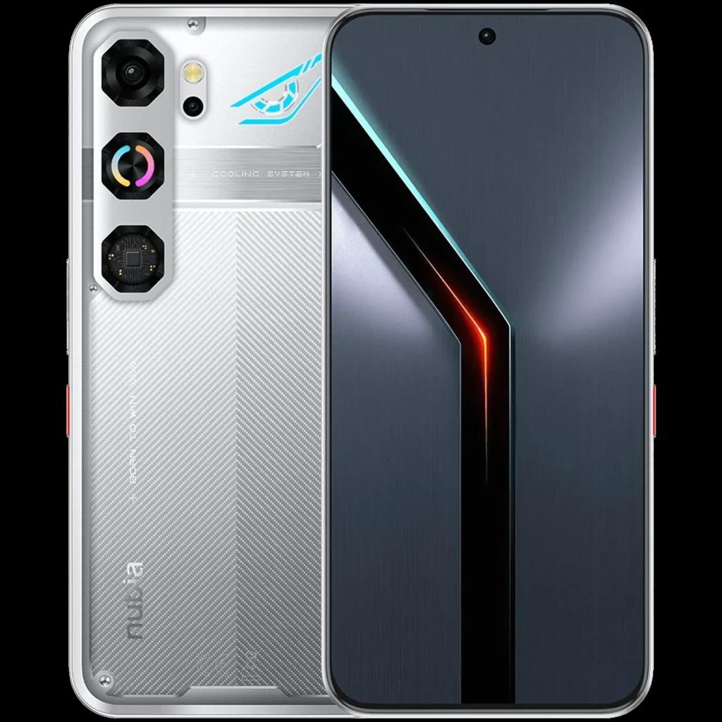 Nubia Neo 5 GT plata con diseño gaming, módulo de cámara triple hexagonal, logo iluminado, marco plateado y pantalla AMOLED 1.5K casi sin bordes