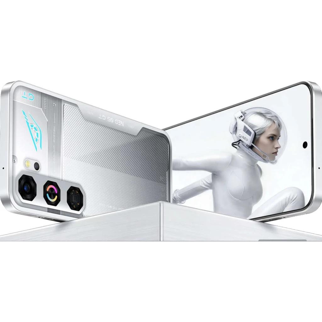 Nubia Neo 5 GT plata con diseño gaming, triple cámara trasera hexagonal, módulo con LED azul, frontal con pantalla AMOLED 1.5K y biseles delgados