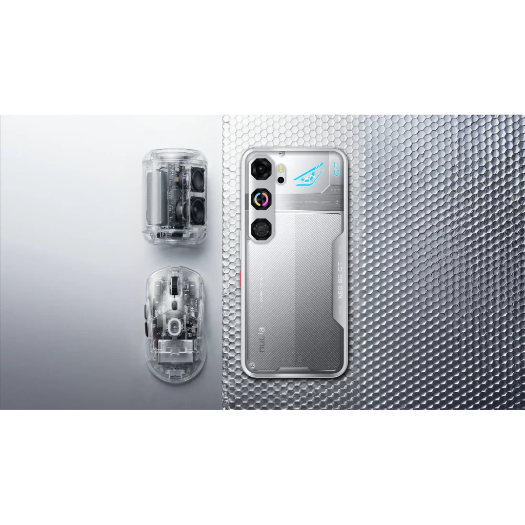 Nubia Neo 5 GT 256GB en plata con acabado metálico, doble cámara trasera, detalles LED azules y módulos internos visibles estilo transparente elegante