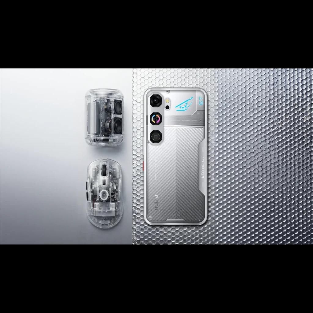 Nubia Neo 5 GT 256GB en plata con acabado metálico, doble cámara trasera, detalles LED azules y módulos internos visibles estilo transparente elegante