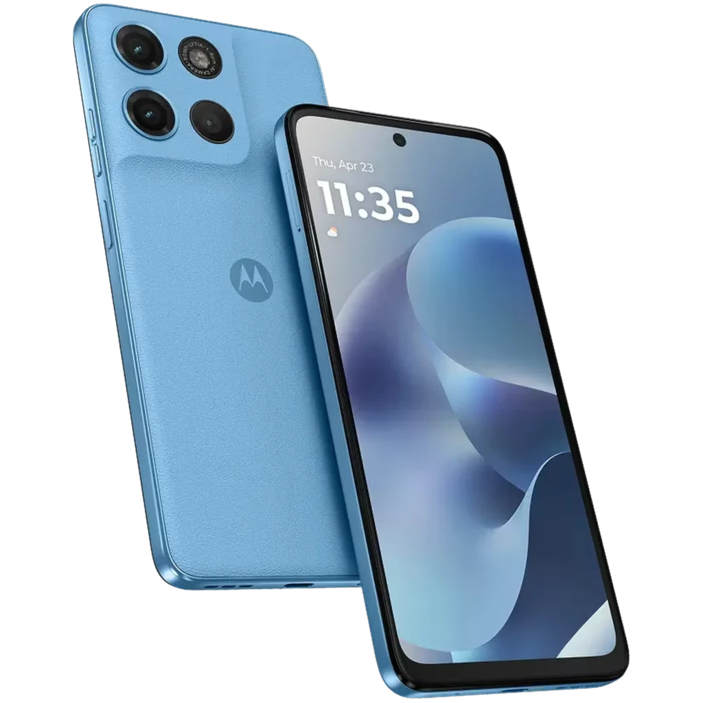 Motorola Moto G17 Alaskan Blue con cuerpo azul mate, pantalla 6.72 perforada centrada, triple cámara trasera con lentes grandes y borde negro delgado