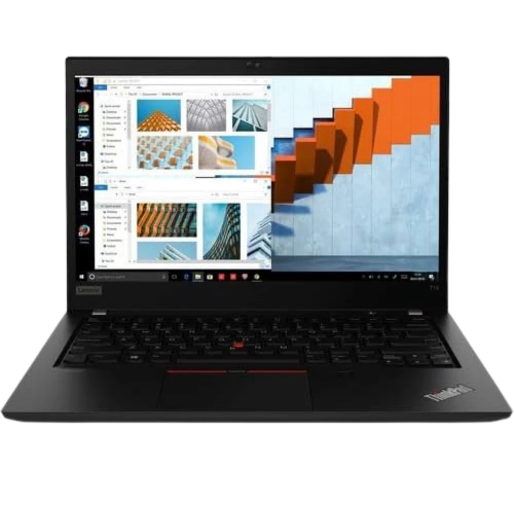 Lenovo Thinkpad T14 Gen 1 de 14 pulgadas, chasis negro, teclado retroiluminado con trackpoint rojo y pantalla mostrando múltiples ventanas; estado renovado