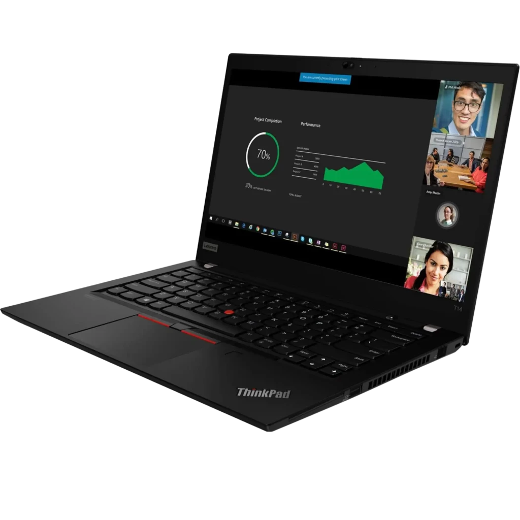 Portátil Lenovo Thinkpad T14 Gen 1 de 14 pulgadas negro, teclado retroiluminado con TrackPoint rojo, pantalla abierta mostrando gráficos y videollamadas