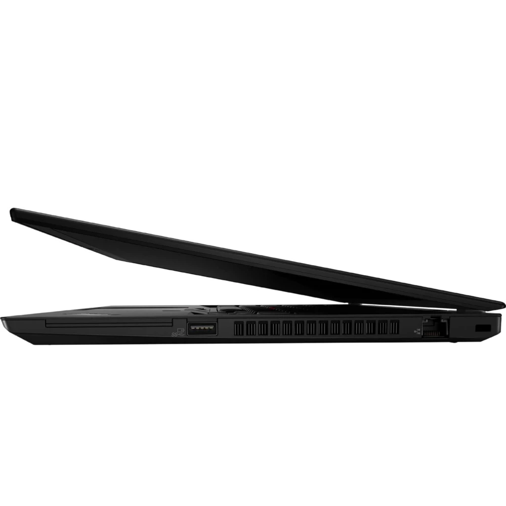 Portátil Lenovo ThinkPad T14 semiabierto, perfil lateral delgado en negro, ventilación y puertos visibles, acabado renovado en buen estado