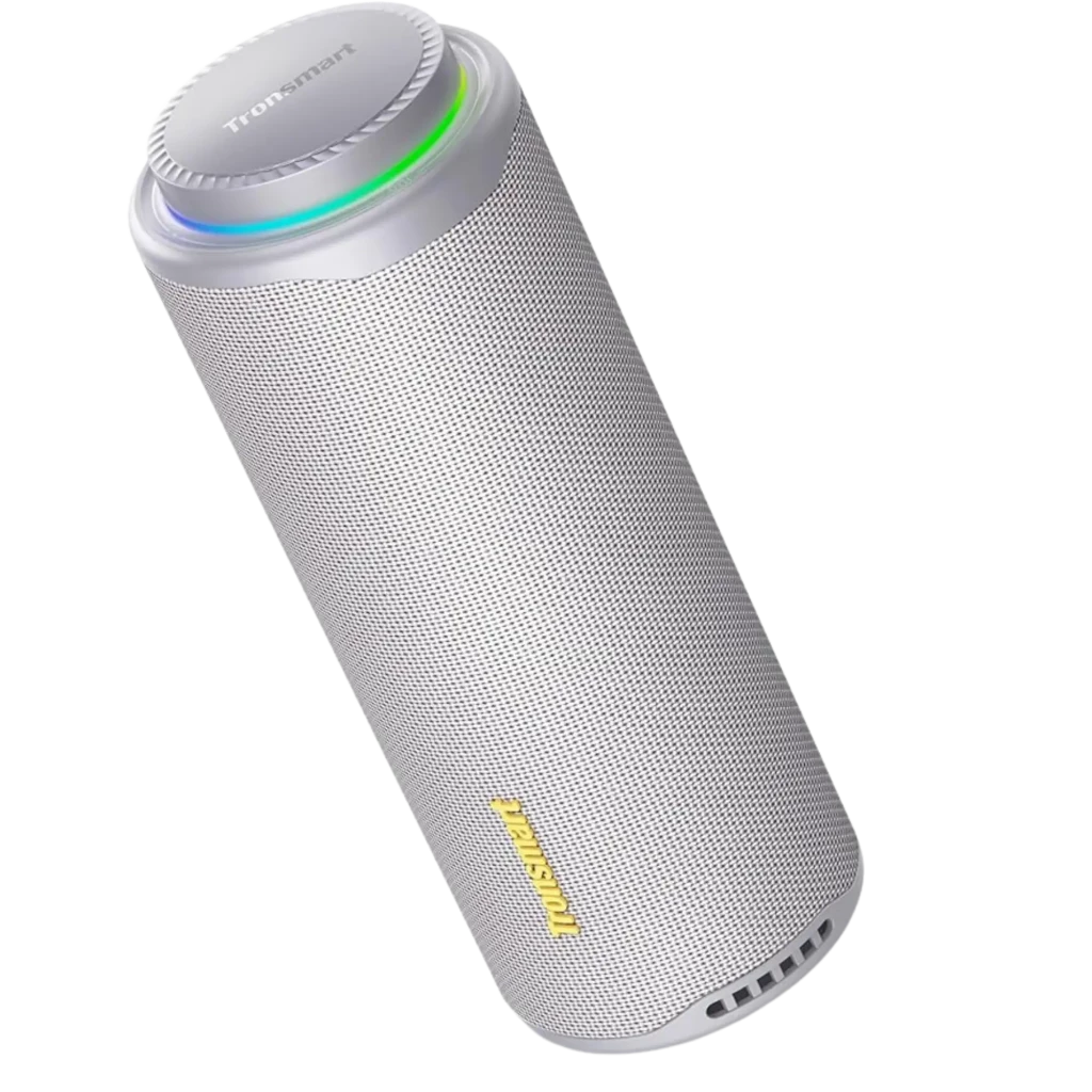 Altavoz portátil Tronsmart T8 gris 40W con sistema 2.1, cuerpo cilíndrico metálico, rejilla completa, aro LED multicolor superior y base con ranuras de