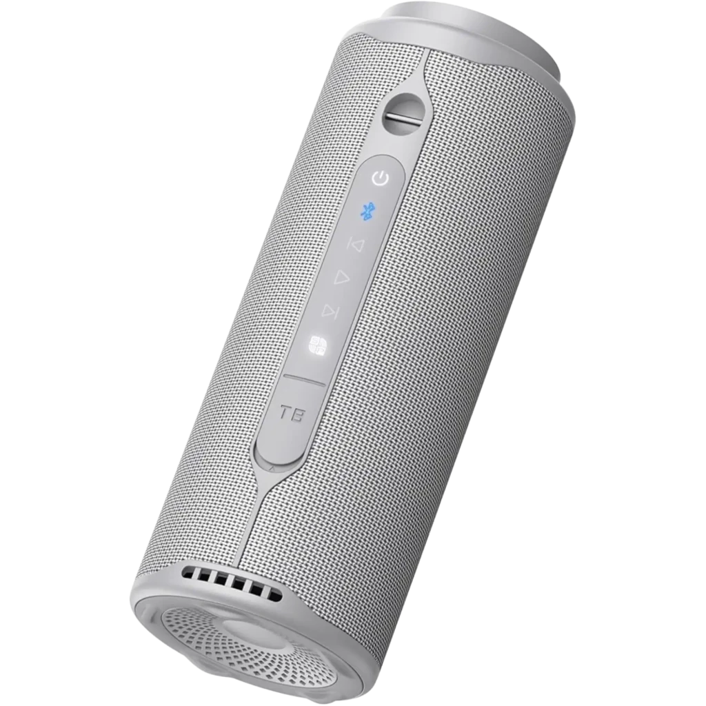 Altavoz portátil gris cilíndrico con malla metálica, panel lateral con botones de control y logo T8, rejillas en extremos; diseño 2.1 compacto de 40W