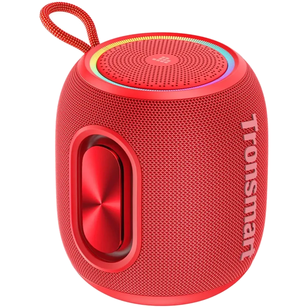 Altavoz portátil Tronsmart T8 Mini rojo, 16W, cuerpo cilíndrico con malla, anillo LED multicolor, radiadores pasivos laterales y correa para colgar, IPX7