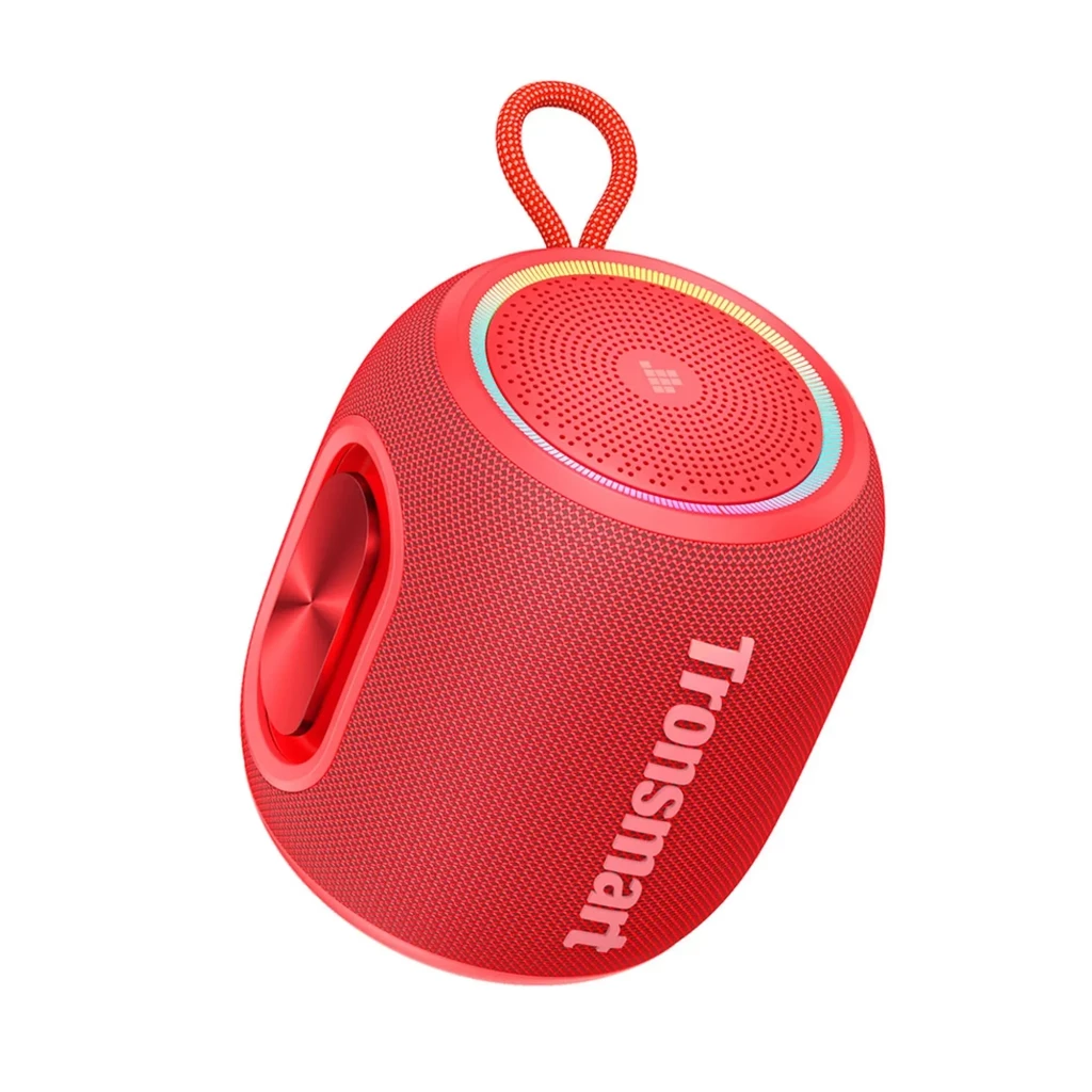 Tronsmart T8 Mini 16W IPX7 rojo con cuerpo cilíndrico, malla textil, asa de cordón, anillo LED multicolor y radiadores pasivos laterales