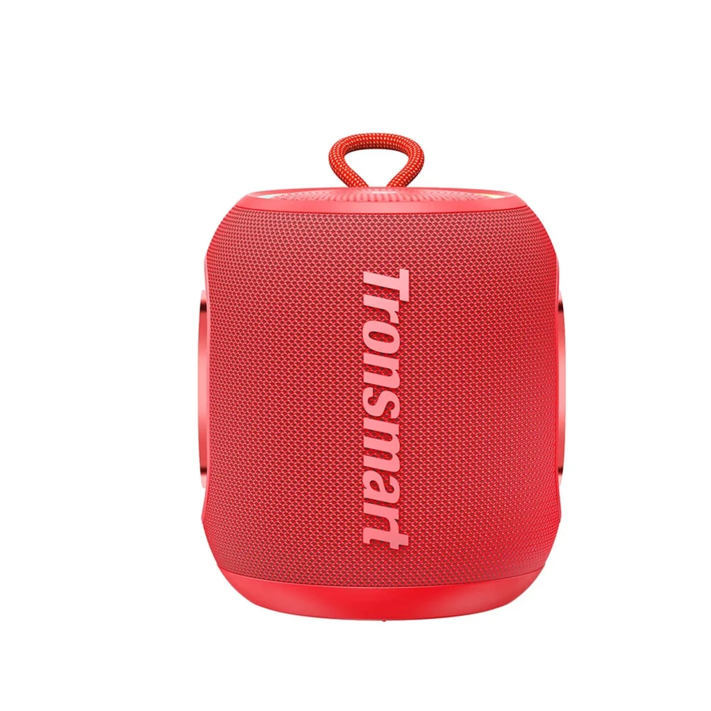 Tronsmart T8 Mini 16W IPX7 rojo, altavoz portátil Bluetooth cilíndrico con malla textil, asa superior para colgar y diseño compacto resistente al agua