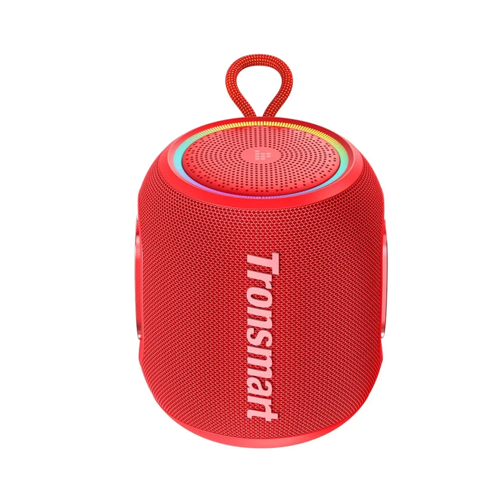 Altavoz Tronsmart T8 Mini 16W rojo con diseño cilíndrico, rejilla completa, aro LED superior y asa de transporte; resistente al agua IPX7 y Bluetooth