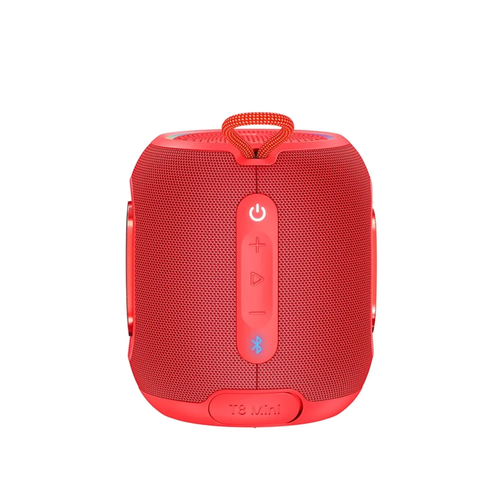 Tronsmart T8 Mini 16W IPX7 rojo, altavoz compacto con malla textil, controles frontales, botón Bluetooth, correa superior y diseño cilíndrico portátil