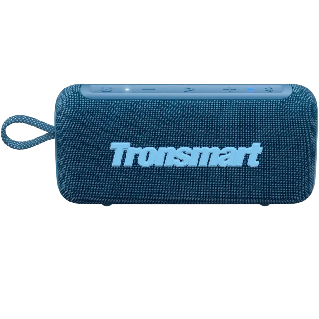 Tronsmart Trip 2 azul, altavoz portátil 10W con tela tejida, asa de cordón, botones superiores y logotipo frontal en relieve; diseño compacto para exteriores