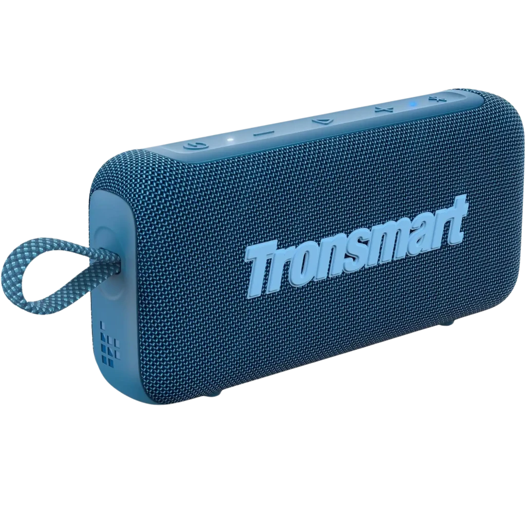 Altavoz portátil Tronsmart Trip 2 azul, cuerpo texturizado, logo frontal, correa lateral, botones superiores y rejilla envolvente, diseño compacto para