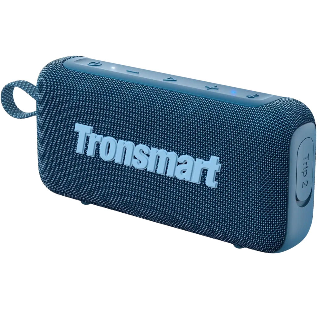 Altavoz Tronsmart Trip 2 azul con tejido de malla, logo en relieve, botones superiores, correa lateral y diseño compacto portátil de 10W Bluetooth 5.3