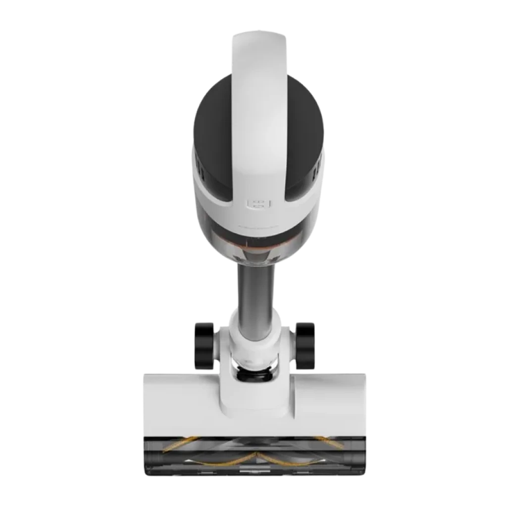 Cabezal de la Deerma T10W: diseño blanco y negro, cepillo motorizado ancho con rodillo en espiral y tubo metálico