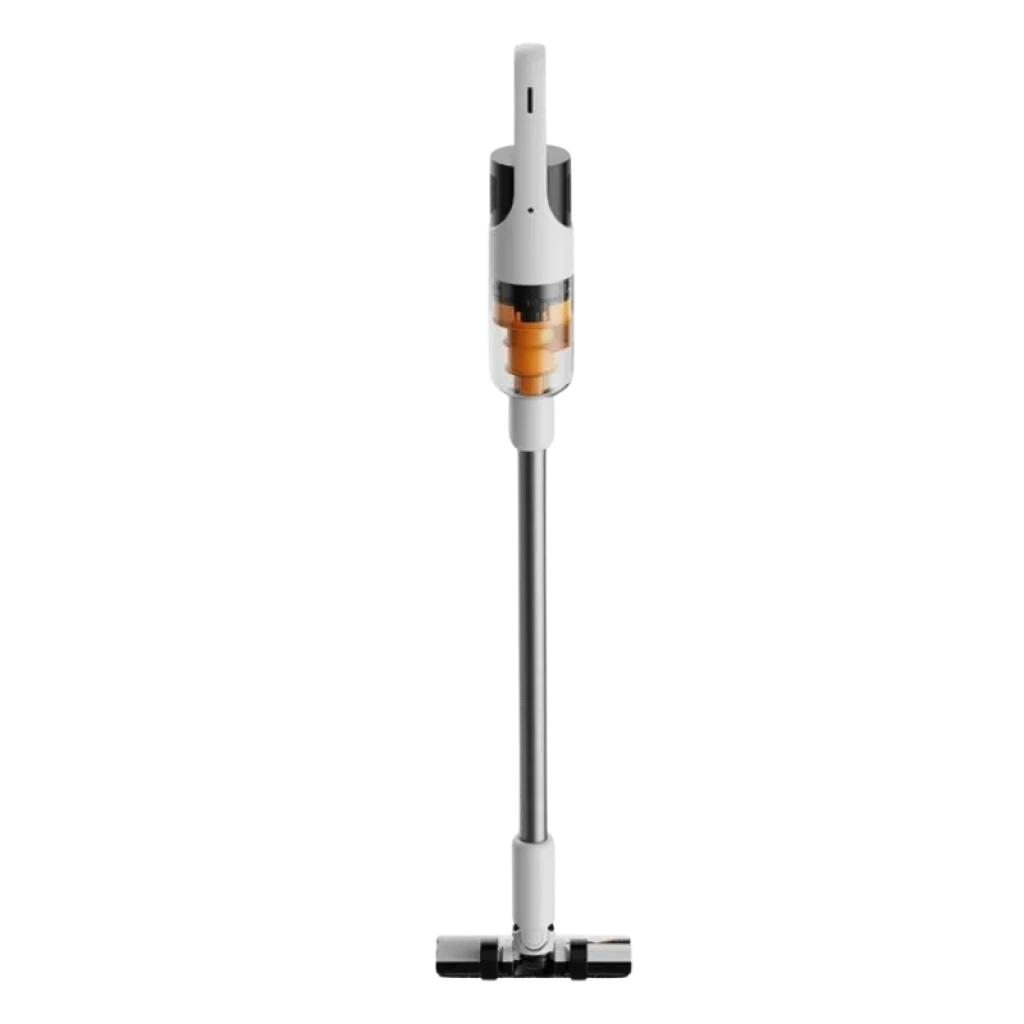 Deerma T10W diseño blanco y gris, tubo metálico largo, depósito transparente ámbar y cabezal plano para suelos y rincones