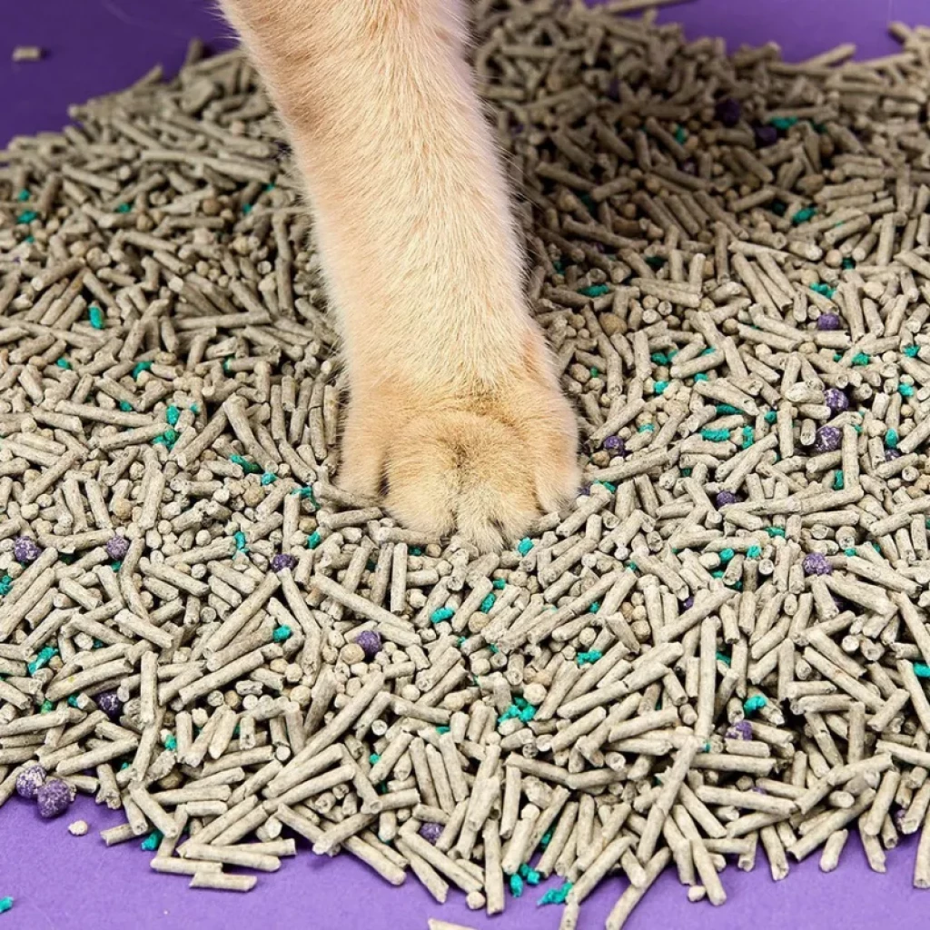 PETKIT PKCL04 Arena Mixta para Gatos 5 en 1 Pack x1 con pellets beige y gránulos verdes y morados sobre base púrpura