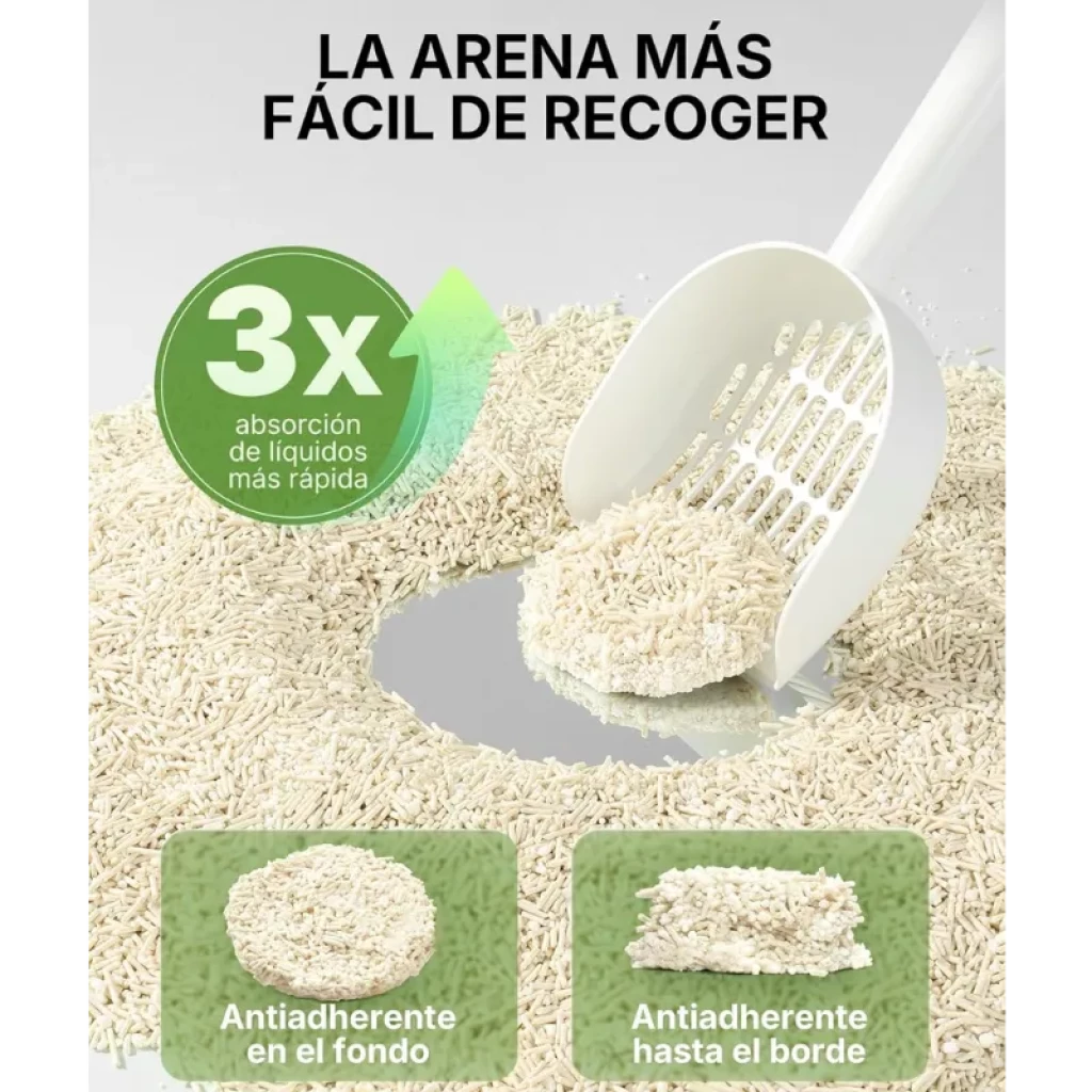 PETKIT Arena de Tofu para Gatos 100% Natural; pellets beige con pala blanca, 3x absorción, aglutinación rápida y antiadherente en fondo y bordes