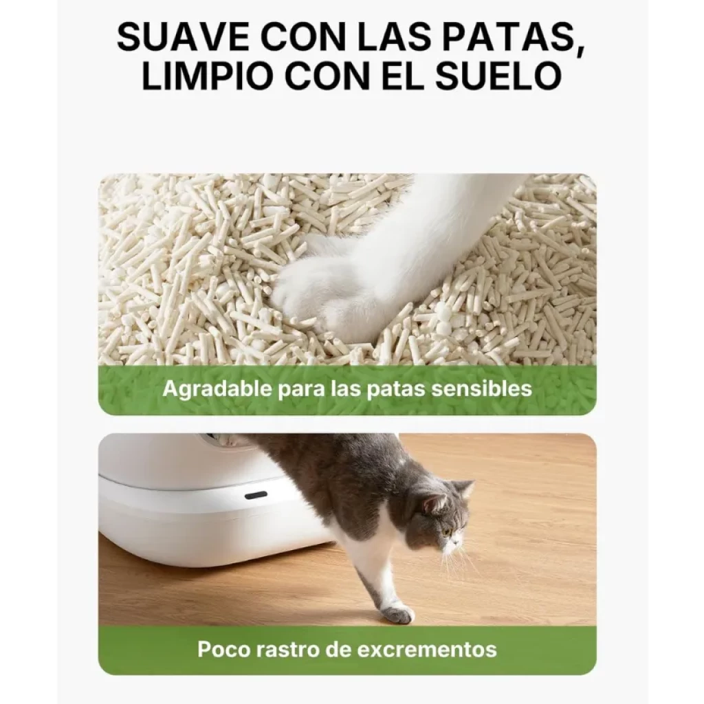 Arena de tofu PETKIT 100% natural, pellets claros y finos. Suave para patas sensibles y reduce rastros de excrementos