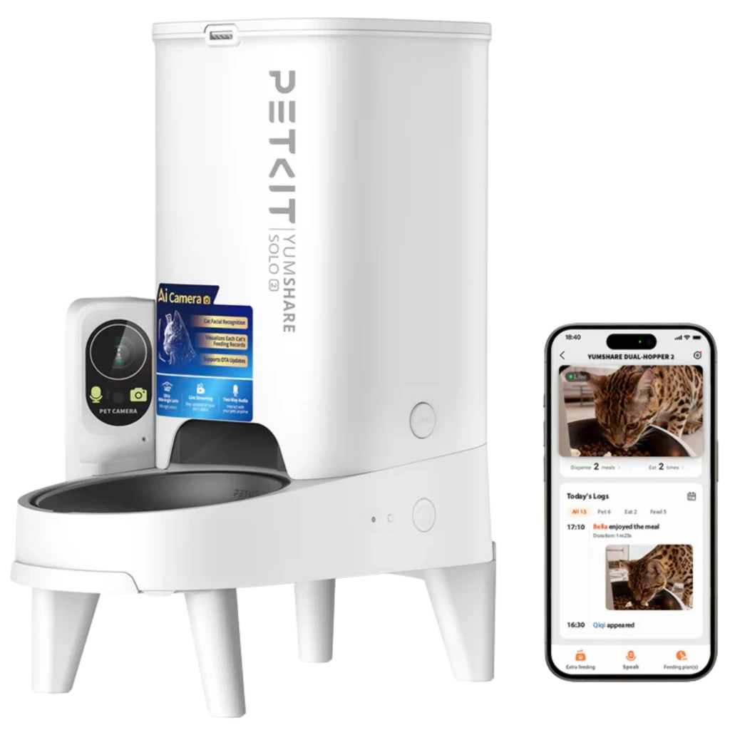 Comedero automático blanco 3 L con cámara AI y WiFi, dosificador hasta 10 comidas al día, cuenco integrado y app móvil para control y monitoreo