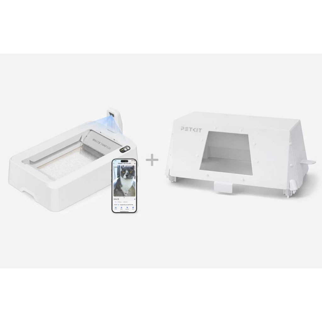 PETKIT Purobot Crystal Duo IA con Cubierta: arenero autolimpiable blanco con rampa, pala integrada y app móvil; cubierta protectora con ventana frontal