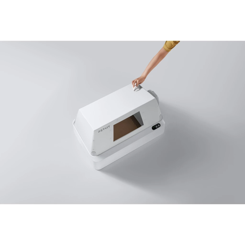 PETKIT Purobot Crystal Duo IA con Cubierta: arenero autolimpiable blanco, tapa rectangular con ventana transparente y asa, base robusta con panel lateral