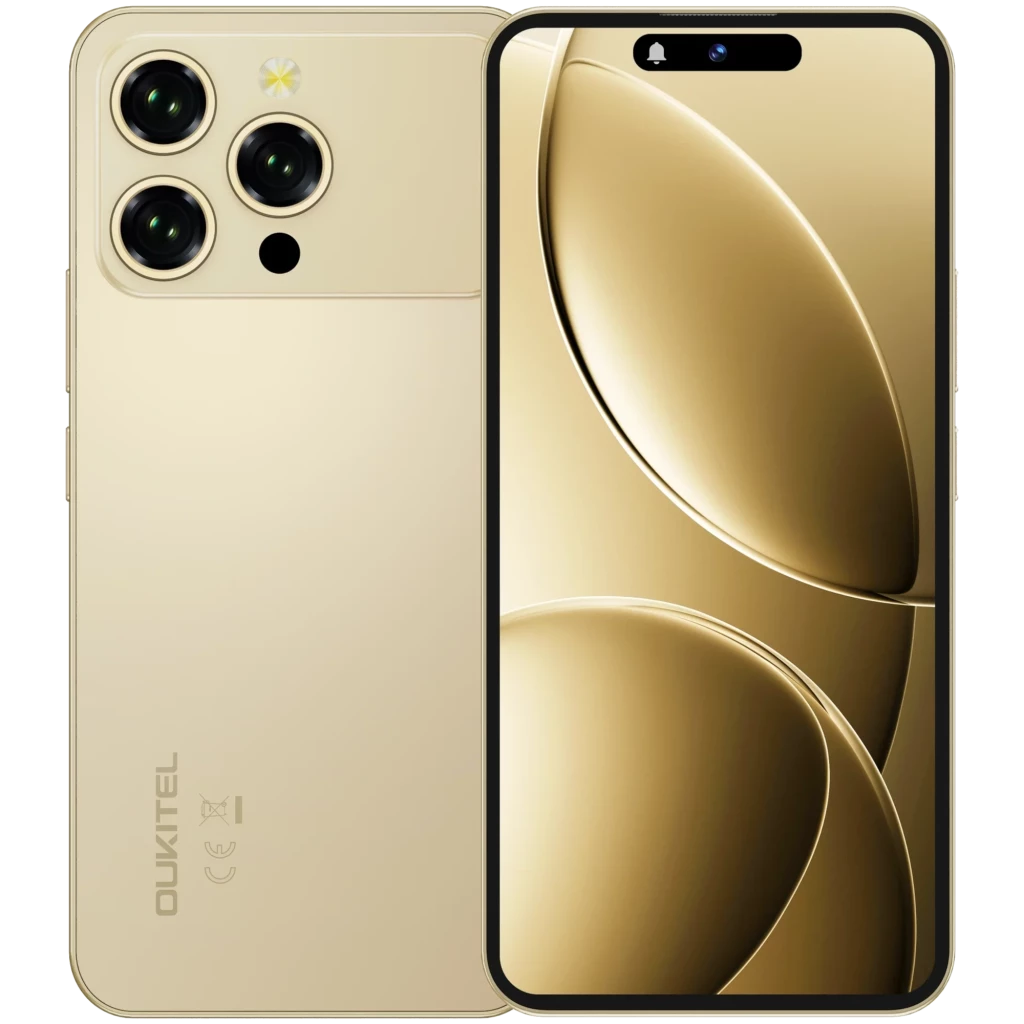 Oukitel P1 Pro dorado con triple cámara trasera y flash, pantalla amplia con notch tipo píldora, bordes curvos y acabado metálico elegante