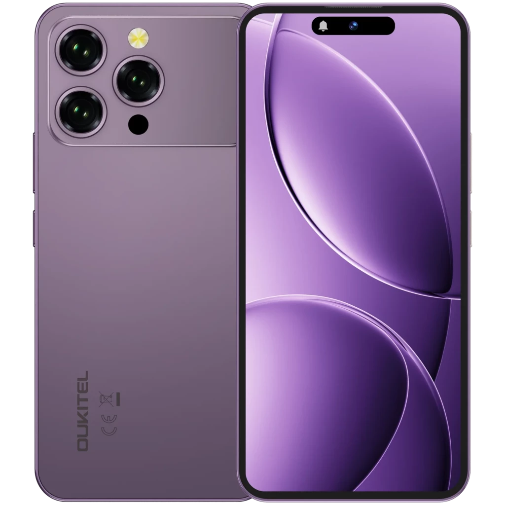 Oukitel P1 Pro púrpura con triple cámara trasera y flash, cámara frontal 32 MP en notch, pantalla AMOLED borde a borde, 8 GB RAM y 512 GB de almacenamiento