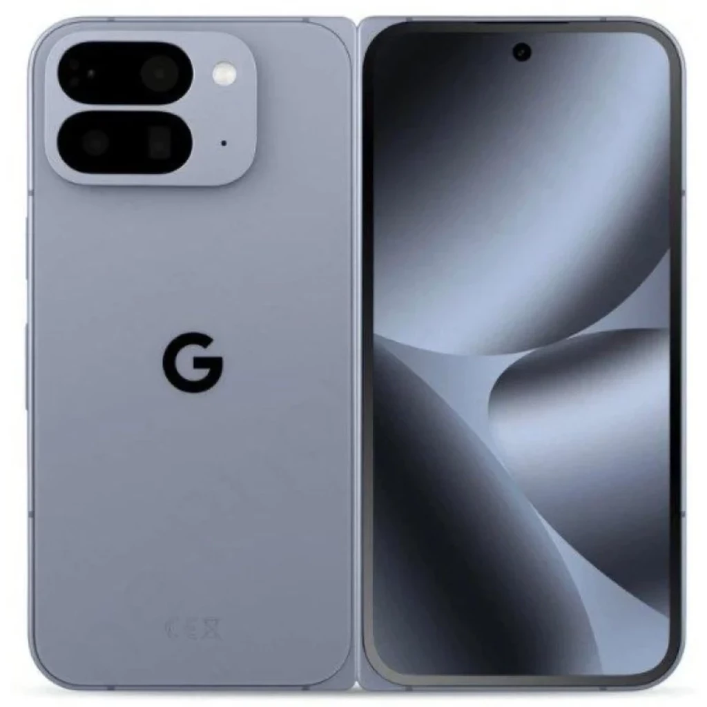 Google Pixel 10 Pro Fold 5G en color Piedra Lunar con módulo de cámaras traseras dual grande, logo G centrado y pantalla OLED interna amplia sin biseles