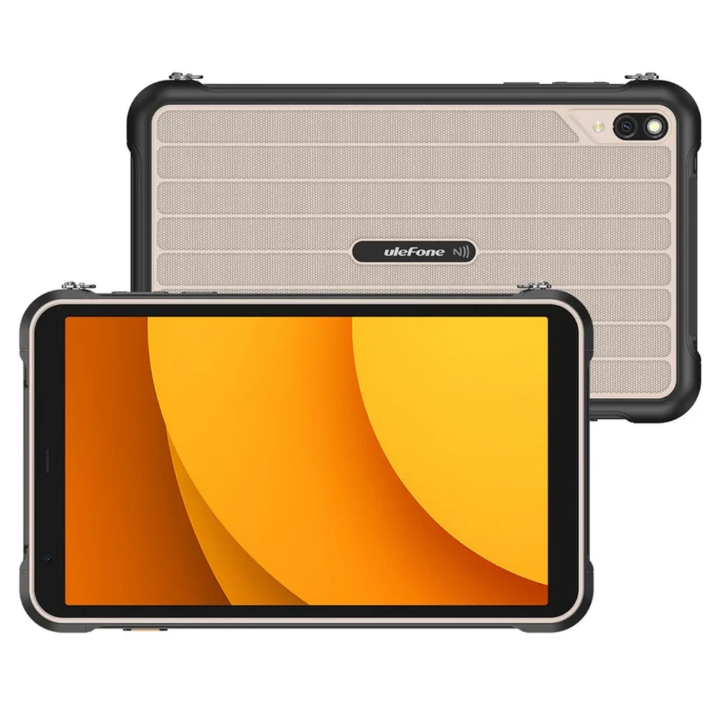 Ulefone Rugking Pad Pro cinza robusto com cantos reforçados, tela ampla, câmera traseira 15 MP com flash, NFC indicado no painel e bordas em borracha preta