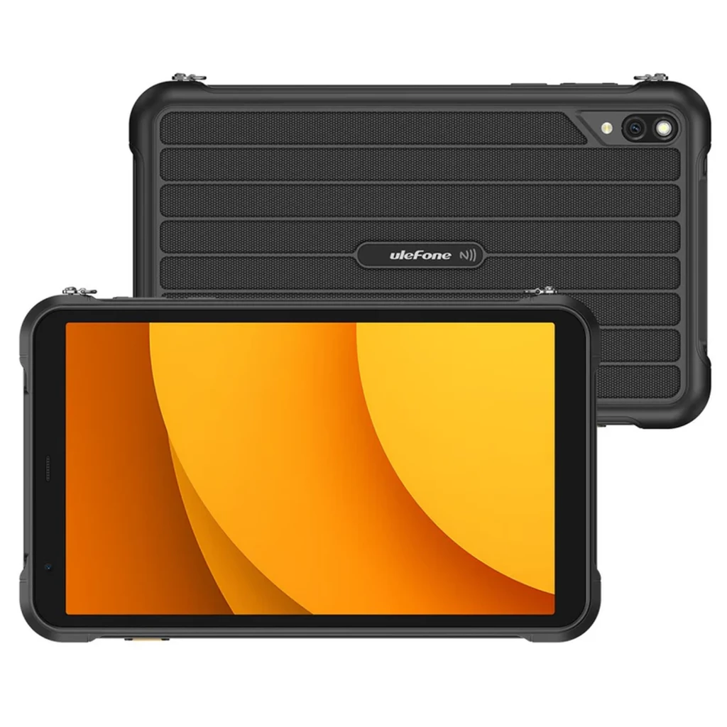 Tablet robusto Ulefone Rugking Pad Pro Preto, corpo emborrachado, tela ampla com bordas grossas, câmera traseira com flash, cantos reforçados e NFC