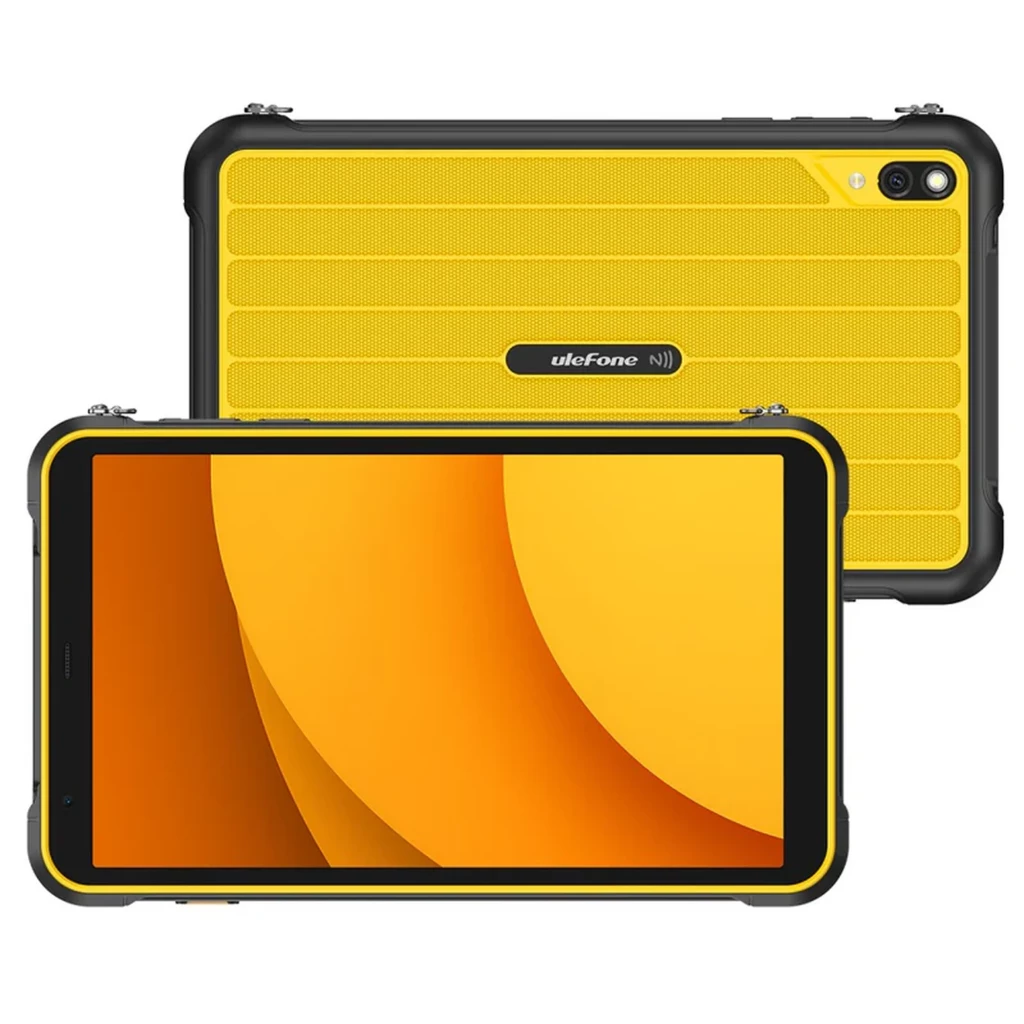 Ulefone Rugking Pad Pro amarelo com moldura robusta preta, ecrã 8,68 pol, câmara traseira com flash, portas reforçadas e detalhes NFC visíveis